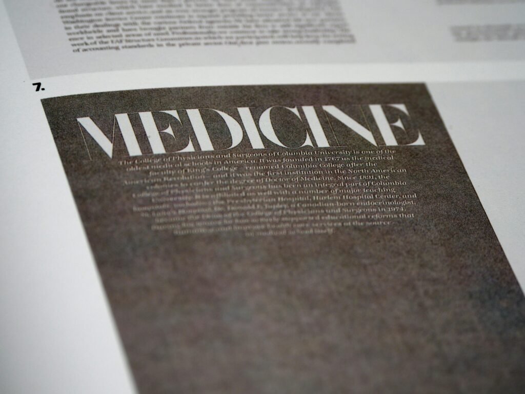 Detailed view of a printed page with the title 'Medicine'.